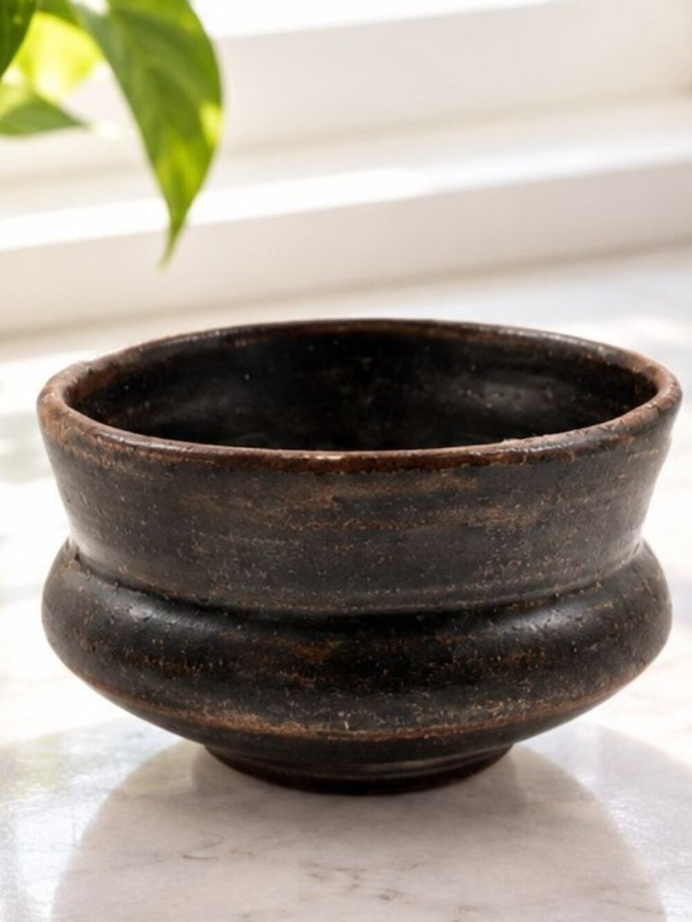 Handcrafted Vintage Dark Brown Ceramic Bowl With Rustic Finish 5" Diameter